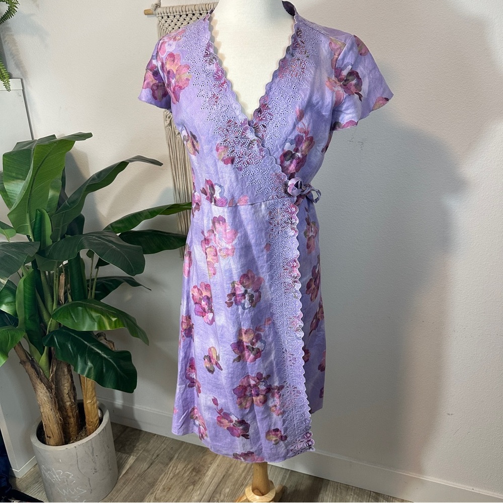 J. Jill 100% Linen purple floral lace wrap midi dress. Size 6